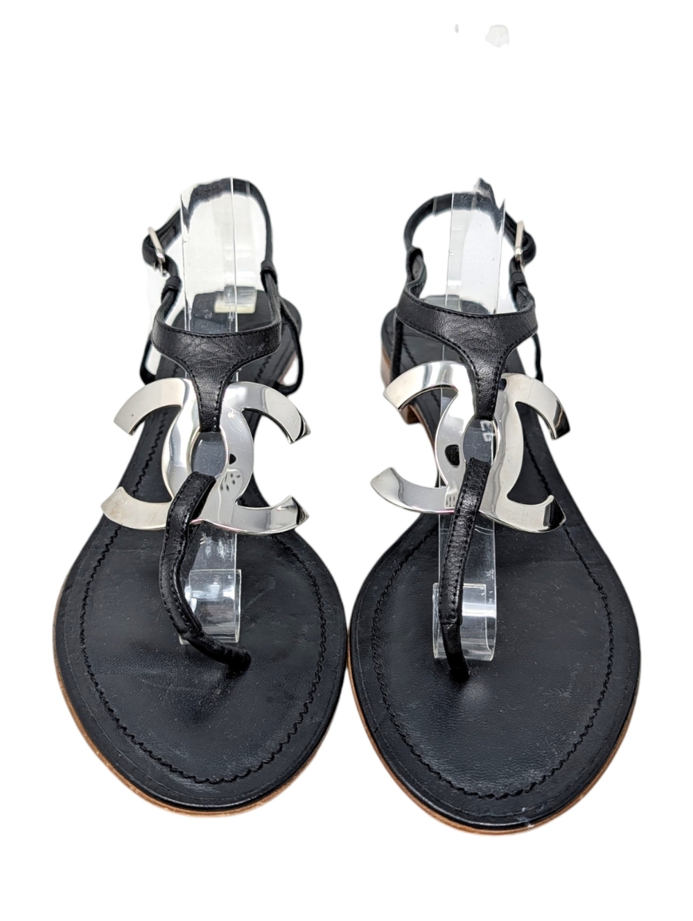 Chanel Big Logo Filigree Thong T-Strap Flat Sandal Black Leather Silver 38 | 7.5